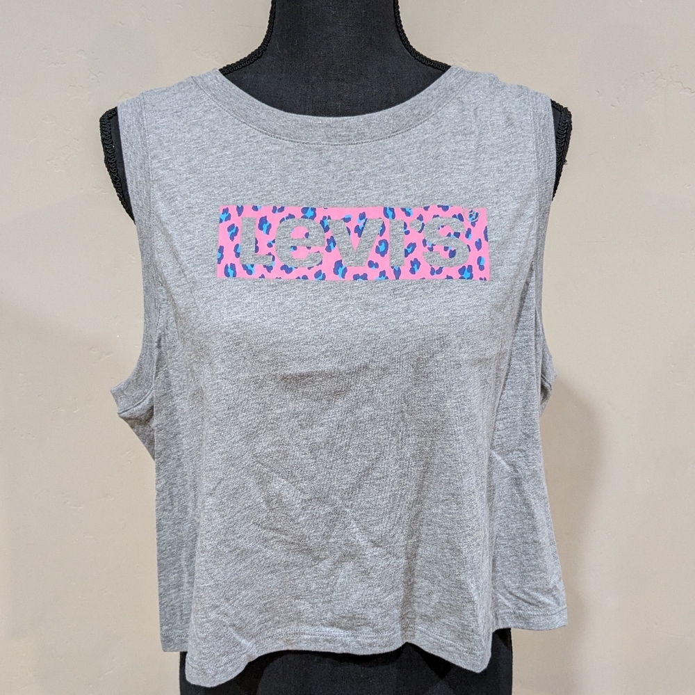 NWT Levi's Women's Graphic Logo Pink Cheetah Size XL Gray Crop Top T Shirt